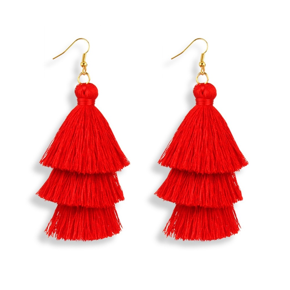 Three-Layer Hook-Style Tassel Earrings Red